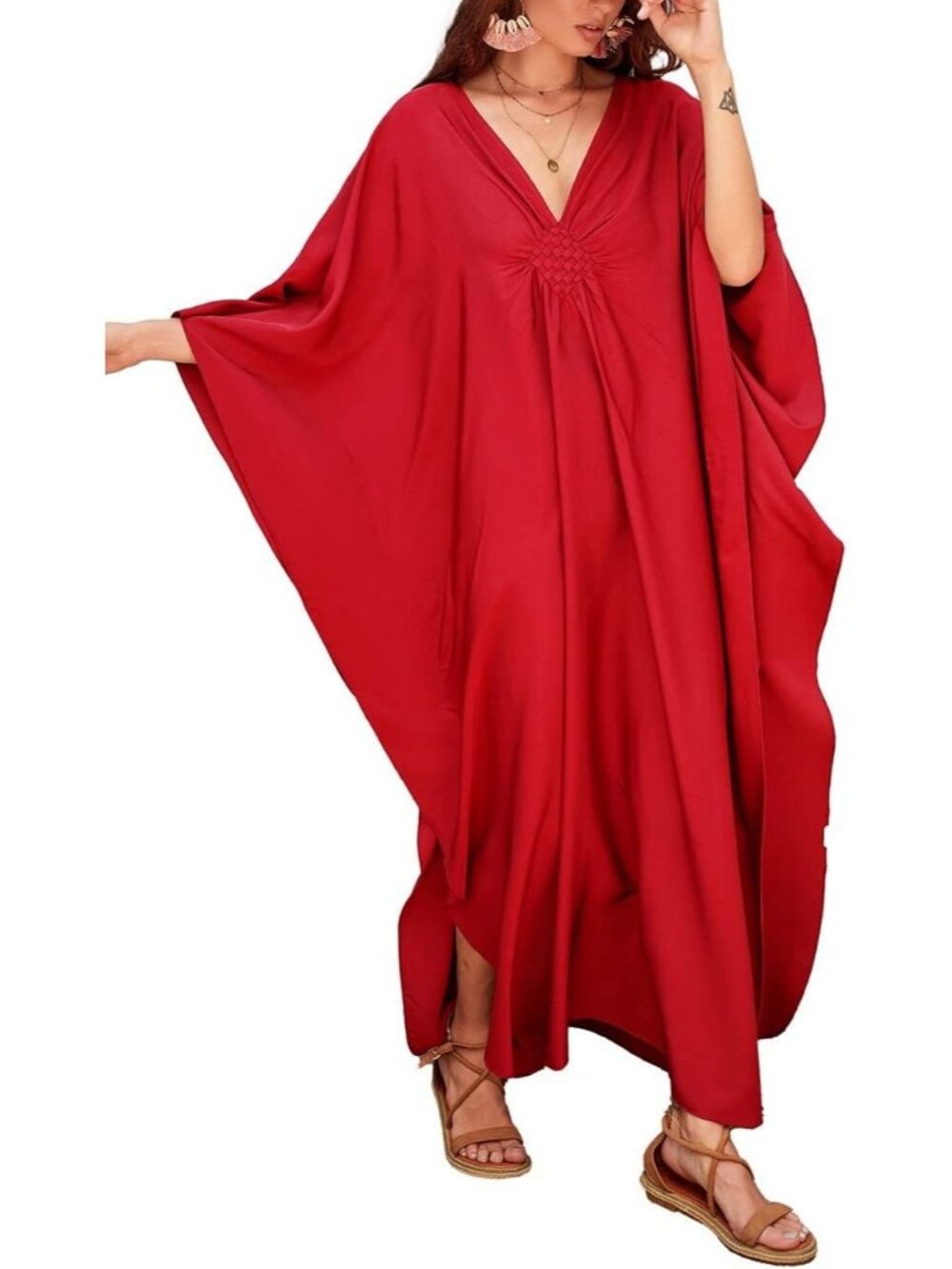 Women's Plus Size Red Kaftan Maxi Dress V Neck Batwing Swimsuit Cover Up